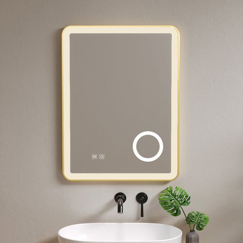 Miroir Salle De Bain LED 60x80 Anti Buée Avec Cadre En Aluminium Doré Et Loupe X3 Lb-4685g