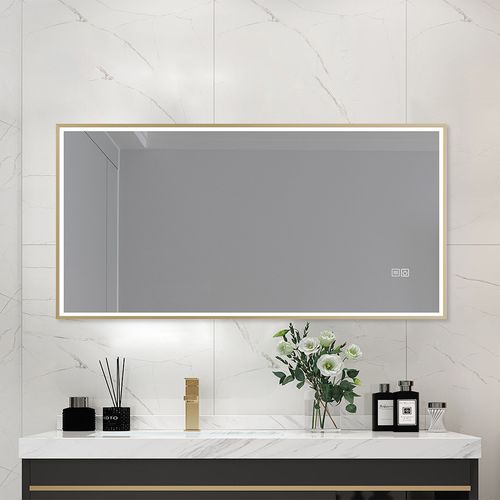 Miroir Salle De Bain LED 90x60cm Anti Buée Avec Cadre Doré Lb-126080g