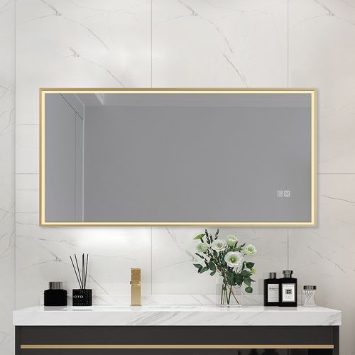 Miroir Salle De Bain LED 90x60cm Anti Buée Avec Cadre Doré Lb-126080g