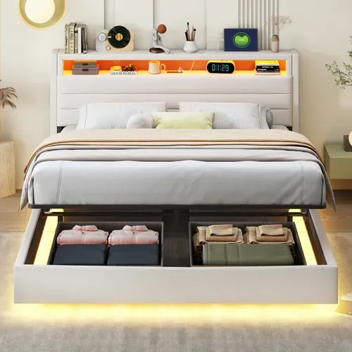 Lit Coffre Lit Double LED 160x200 Cm, Tête De Lit Réversible, Prise USB, Lin, Beige