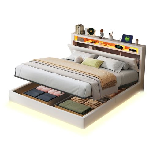 Lit Coffre Lit Double LED 160x200 Cm, Tête De Lit Réversible, Prise USB, Lin, Beige