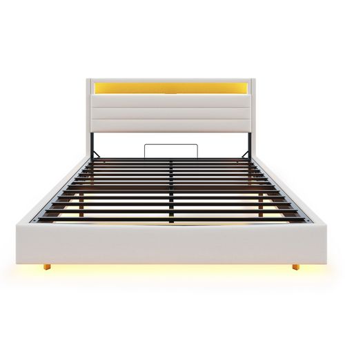 Lit Coffre Lit Double LED 160x200 Cm, Tête De Lit Réversible, Prise USB, Lin, Beige