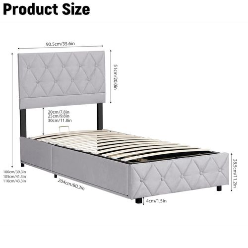 Lit Enfant Lit Coffre 90x200 Cm Lit Simple Avec Sommier à Lattes, Velours, Gris, Sans Matelas