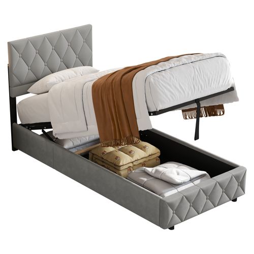 Lit Enfant Lit Coffre 90x200 Cm Lit Simple Avec Sommier à Lattes, Velours, Gris, Sans Matelas