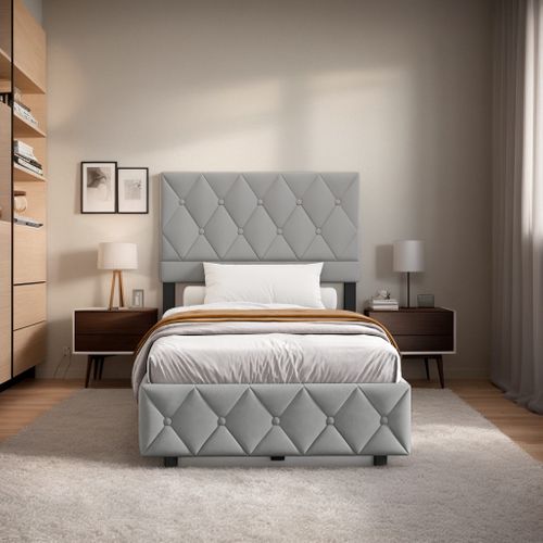 Lit Enfant Lit Coffre 90x200 Cm Lit Simple Avec Sommier à Lattes, Velours, Gris, Sans Matelas