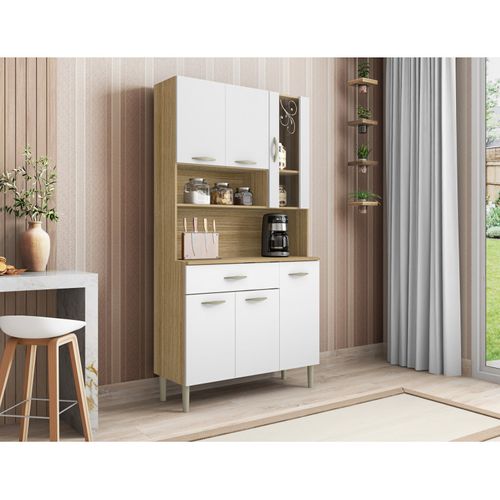 Buffet De Cuisine 6 Portes 1 Tiroir Chêne Et Blanc L 91 H 173.5 P 36.3 Cm