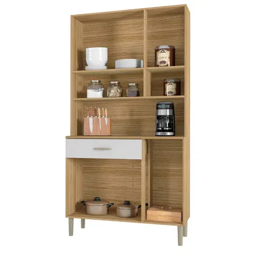 Buffet De Cuisine 6 Portes 1 Tiroir Chêne Et Blanc L 91 H 173.5 P 36.3 Cm