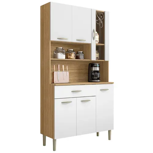 Buffet De Cuisine 6 Portes 1 Tiroir Chêne Et Blanc L 91 H 173.5 P 36.3 Cm