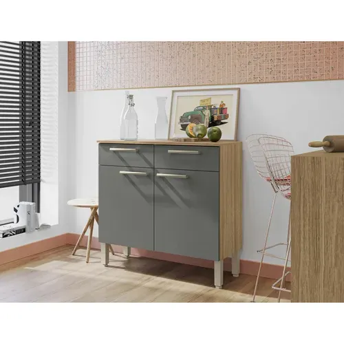 Buffet Bas Meuble Cuisine 2 Portes 2 Tiroirs Chêne Et Gris 2 Niches 91 Cm