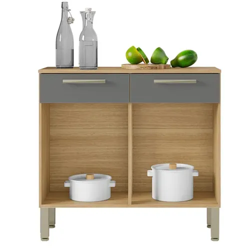 Buffet Bas Meuble Cuisine 2 Portes 2 Tiroirs Chêne Et Gris 2 Niches 91 Cm