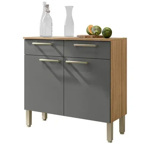 Buffet Bas Meuble Cuisine 2 Portes 2 Tiroirs Chêne Et Gris 2 Niches 91 Cm