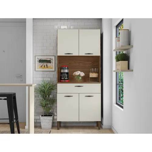 Buffet De Cuisine 4 Portes 1 Tiroir Noyer Et Blanc Largeur 74.5 Cm