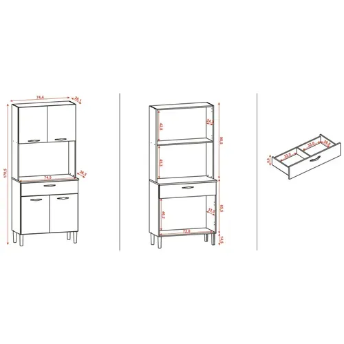 Buffet De Cuisine 4 Portes 1 Tiroir Noyer Et Blanc Largeur 74.5 Cm