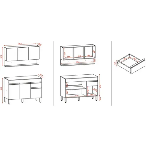 Cuisine Equipée 6 Portes 1 Tiroir Chêne Et Blanc 7 Niches L 120 H 200 P 53.3 Cm