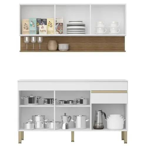 Cuisine Equipée 6 Portes 1 Tiroir Chêne Et Blanc 7 Niches L 120 H 200 P 53.3 Cm