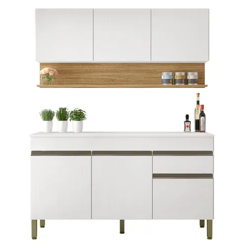 Cuisine Equipée 6 Portes 1 Tiroir Chêne Et Blanc 7 Niches L 120 H 200 P 53.3 Cm