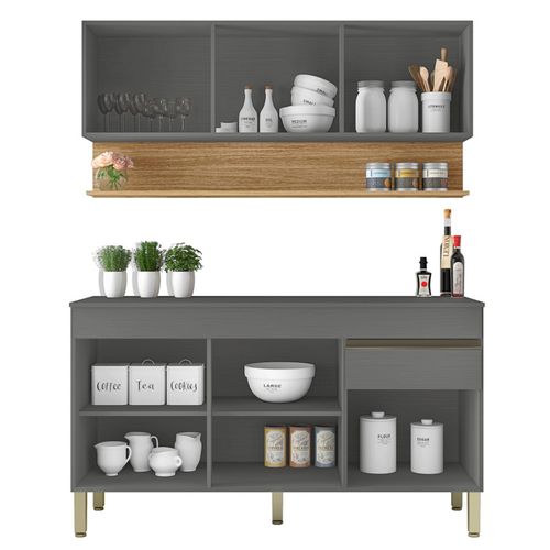 Cuisine Equipée 6 Portes 1 Tiroir Chêne Et Gris L 150 H 200 P 53.3 Cm