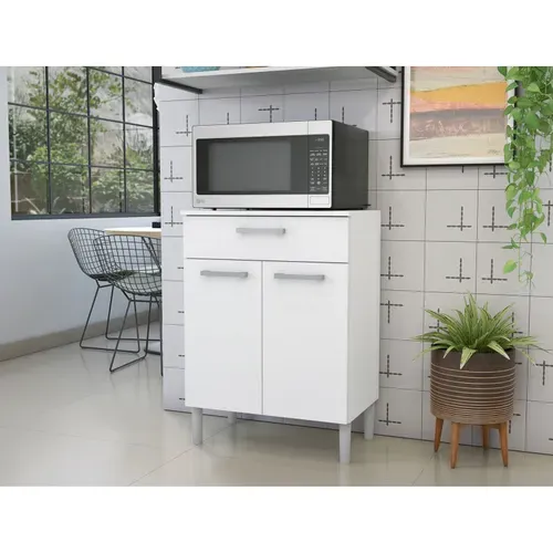 Meuble Micro Onde Blanc 2 Portes 1 Tiroir 1 Niche L 61.5 H 83.5 P 38.8 Cm