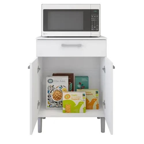 Meuble Micro Onde Blanc 2 Portes 1 Tiroir 1 Niche L 61.5 H 83.5 P 38.8 Cm