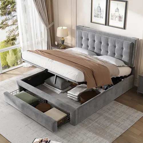 Lit Coffre 140x190 Cm Avec 2 Tiroirs, Lit Adulte Avec Sommier à Lattes, Velours, Gris