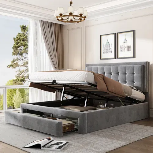Lit Coffre 140x190 Cm Avec 2 Tiroirs, Lit Adulte Avec Sommier à Lattes, Velours, Gris