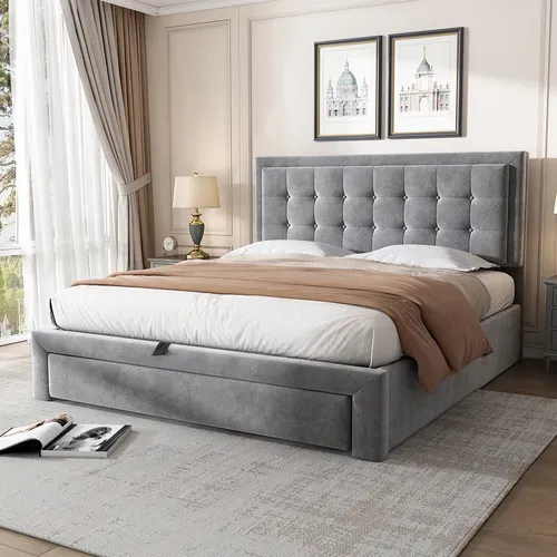 Lit Coffre 140x190 Cm Avec 2 Tiroirs, Lit Adulte Avec Sommier à Lattes, Velours, Gris