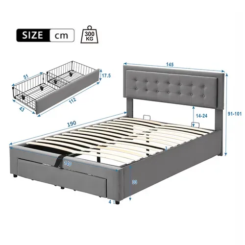 Lit Coffre 140x190 Cm Avec 2 Tiroirs, Lit Adulte Avec Sommier à Lattes, Velours, Gris