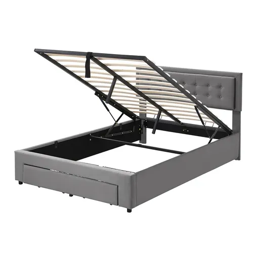Lit Coffre 140x190 Cm Avec 2 Tiroirs, Lit Adulte Avec Sommier à Lattes, Velours, Gris