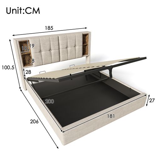 Lit Coffre Rembourré 180x200cm - Prises USB - Chargement Sans Fil - Tête De Rangement - Lin - Beige