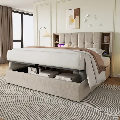 Lit Coffre Rembourré 180x200cm - Prises USB - Chargement Sans Fil - Tête De Rangement - Lin - Beige
