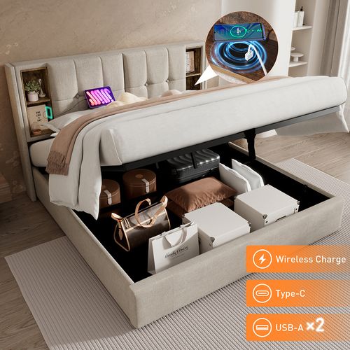 Lit Coffre Rembourré 180x200cm - Prises USB - Chargement Sans Fil - Tête De Rangement - Lin - Beige