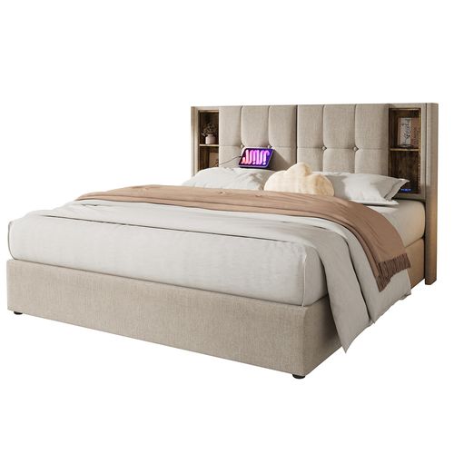 Lit Coffre Rembourré 180x200cm - Prises USB - Chargement Sans Fil - Tête De Rangement - Lin - Beige
