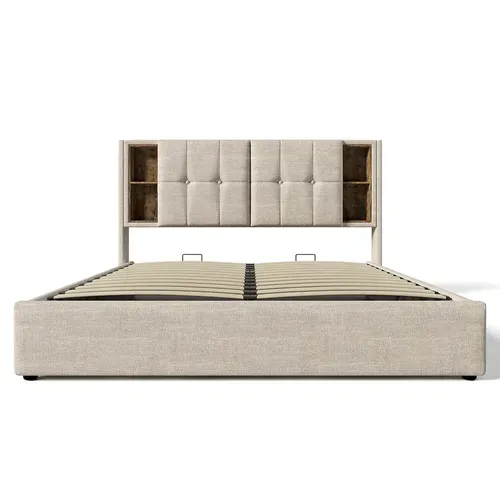 Lit Coffre Rembourré 180x200cm - Prises USB - Chargement Sans Fil - Tête De Rangement - Lin - Beige