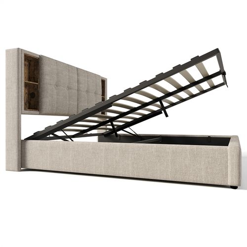 Lit Coffre Rembourré 180x200cm - Prises USB - Chargement Sans Fil - Tête De Rangement - Lin - Beige