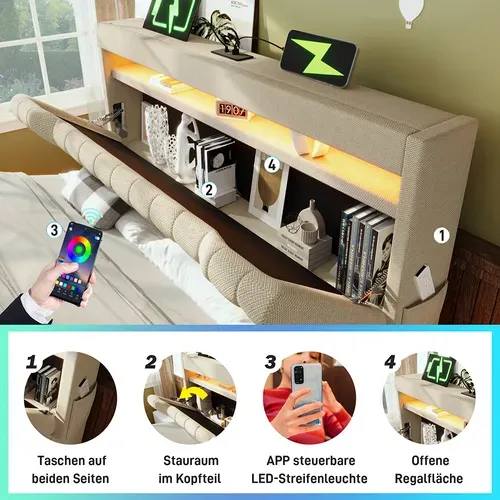 Lit Coffre Double 140x190 Cm, Tête De Lit Avec Rangement, USB-type-c Et éclairage LED, Lin, Beige