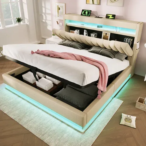 Lit Coffre Double 140x190 Cm, Tête De Lit Avec Rangement, USB-type-c Et éclairage LED, Lin, Beige