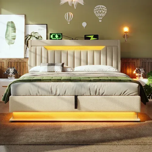 Lit Coffre Double 140x190 Cm, Tête De Lit Avec Rangement, USB-type-c Et éclairage LED, Lin, Beige