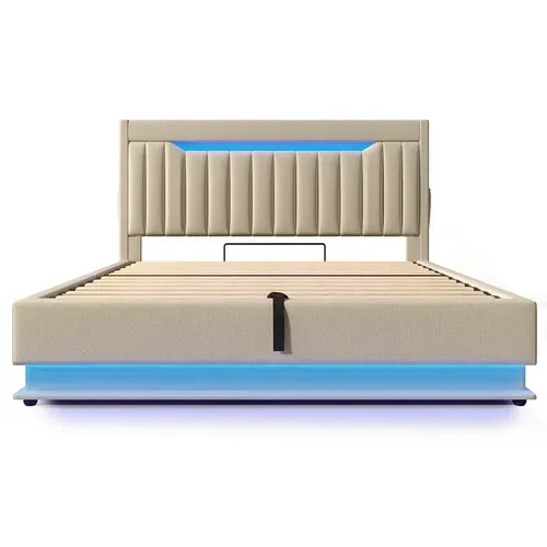 Lit Coffre Double 140x190 Cm, Tête De Lit Avec Rangement, USB-type-c Et éclairage LED, Lin, Beige