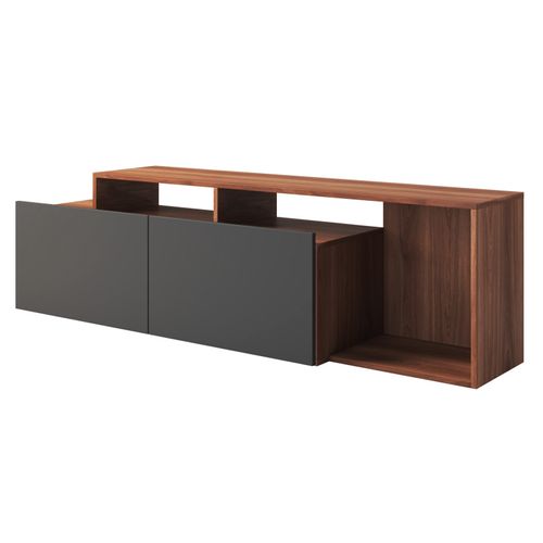 Meuble TV 50 Pouces 2 Abattants Noir Et Chêne Foncé L 164 H 46.5 P 37.5 Cm