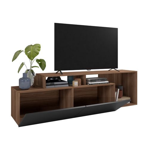 Meuble TV 50 Pouces 2 Abattants Noir Et Chêne Foncé L 164 H 46.5 P 37.5 Cm