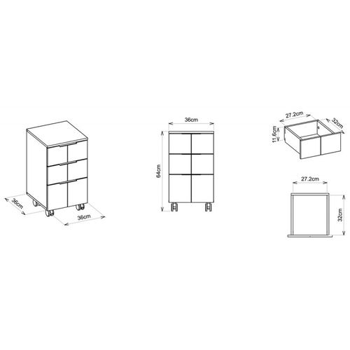Caisson Roulant 3 Tiroirs Gris Mat 4 Roulettes L 36 H 64 P 36 Cm