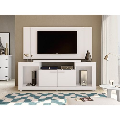 Meuble TV 55 Pouces Blanc 5 Niches Roulettes L 173 H 160.5 P 38.5 Cm