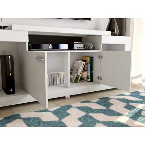 Meuble TV 55 Pouces Blanc 5 Niches Roulettes L 173 H 160.5 P 38.5 Cm