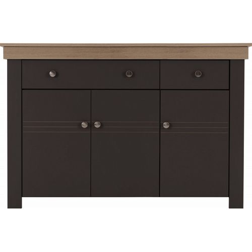 Buffet Bas 3 Portes 2 Tiroirs Chêne Et Gris Corniche L 122 P 81.3 P 39.7 Cm