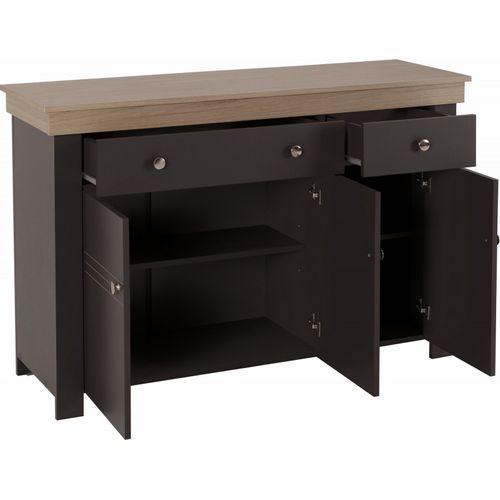 Buffet Bas 3 Portes 2 Tiroirs Chêne Et Gris Corniche L 122 P 81.3 P 39.7 Cm
