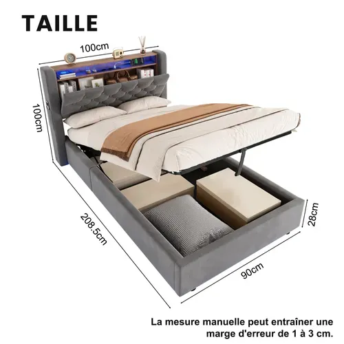 Lit Coffre 90x190 Cm Avec LED, Tête De Lit Rabattable, LED, Prise Intégrée, En Velours, Gris Foncé