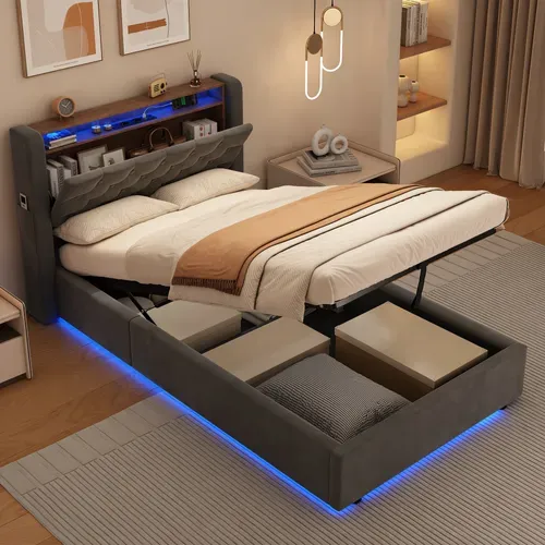 Lit Coffre 90x190 Cm Avec LED, Tête De Lit Rabattable, LED, Prise Intégrée, En Velours, Gris Foncé