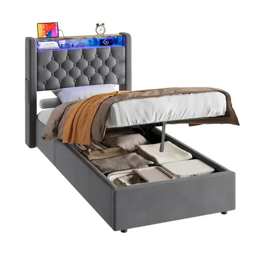 Lit Coffre 90x190 Cm Avec LED, Tête De Lit Rabattable, LED, Prise Intégrée, En Velours, Gris Foncé