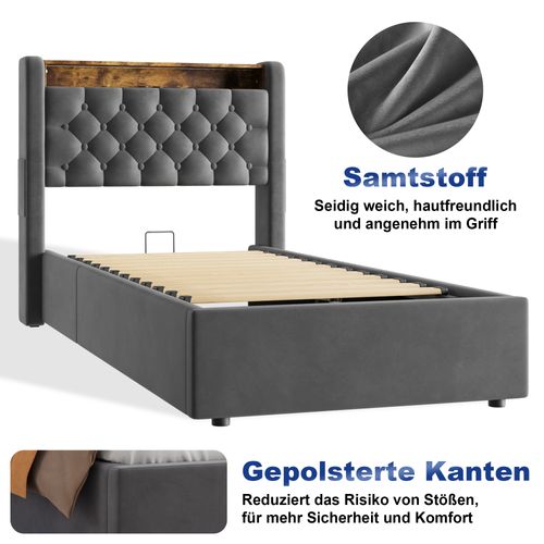 Lit Coffre 90x190 Cm Avec LED, Tête De Lit Rabattable, LED, Prise Intégrée, En Velours, Gris Foncé