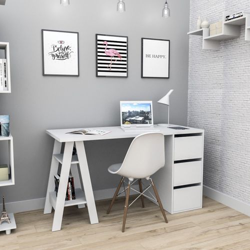 Bureau Tréteau 3 Tiroirs Blanc Self